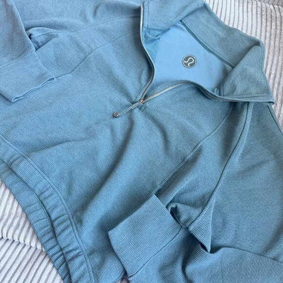 Scuba Cropped Funnel-Neck Half Zip Waffle | Heathered Indochine Blue | Size XL - Picture 4 of 5